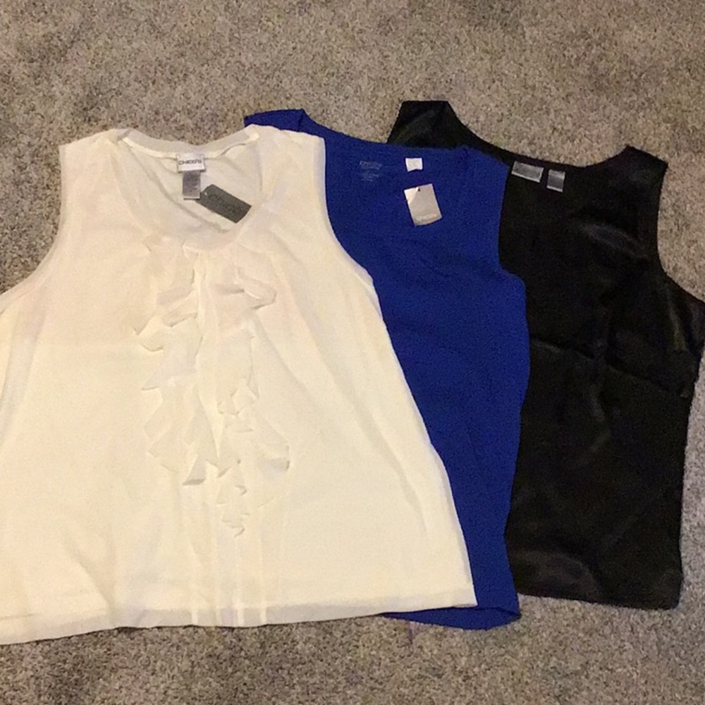 New Chico's set of 3, Ivory ruffle, Blue and Black Tank Tops